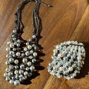 Lia Sophia Silver Pearl Crystal Multi-Strand Statement Necklace & Bracelet Set